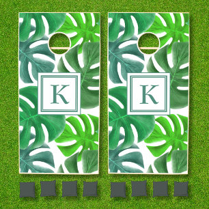 Modern Green Palm Leaves Monogram Cornhole Set