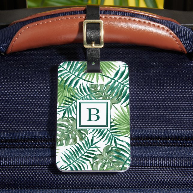 Modern Green Palm Leaves Monogrammed Luggage Tag (Front Insitu 2)