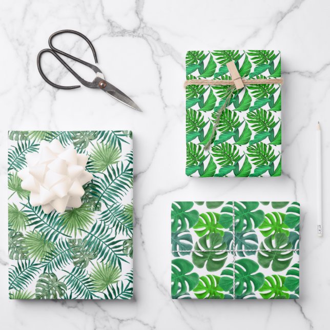 Modern Green Palm Leaves Pattern Wrapping Paper Sheets (Front)