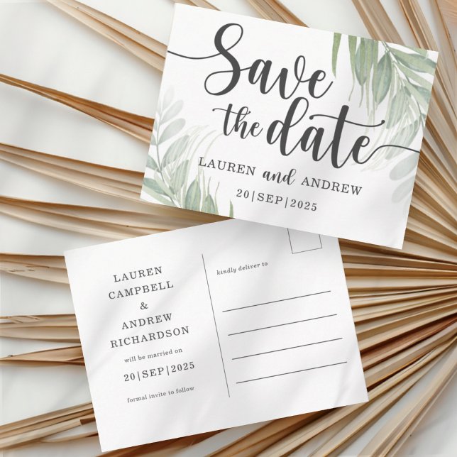 Modern Green Palms Save the Date Postcard (Creator Uploaded)