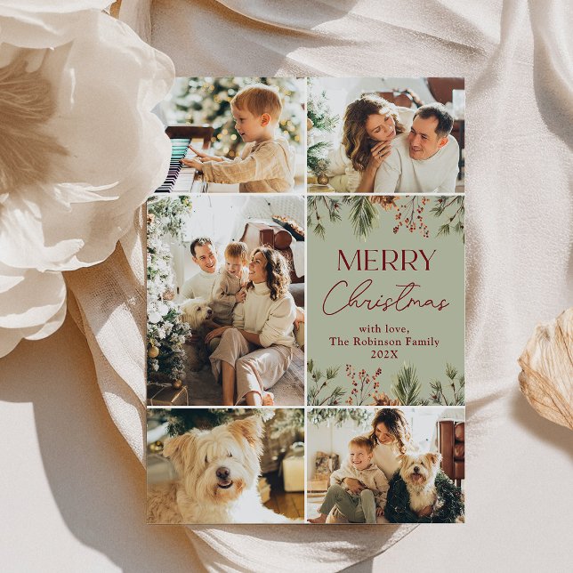 Modern Green Pastel 5 Photo Christmas Card (Creator Uploaded)