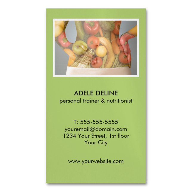 Modern Green Personal Trainer and Nutritionist Business Card Magnet (Front Vertical)