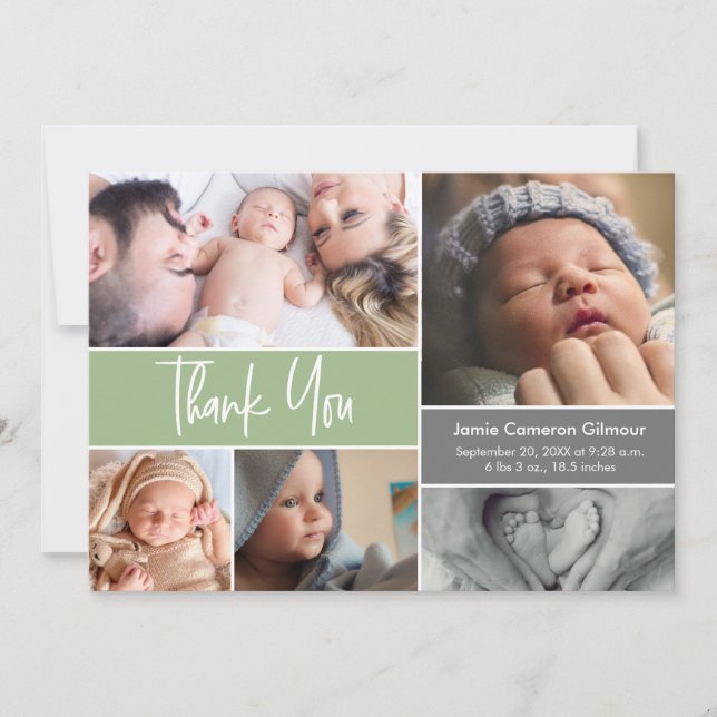 Modern Green Photo Collage Baby Shower script Thank You Card (Front)