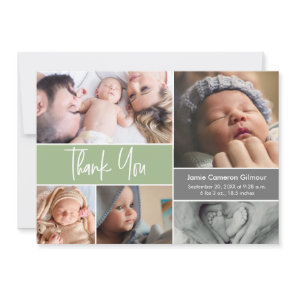 Modern Green Photo Collage Baby Shower script Thank You Card