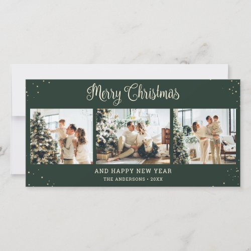 Modern Green Photo Collage Merry Christmas Cards