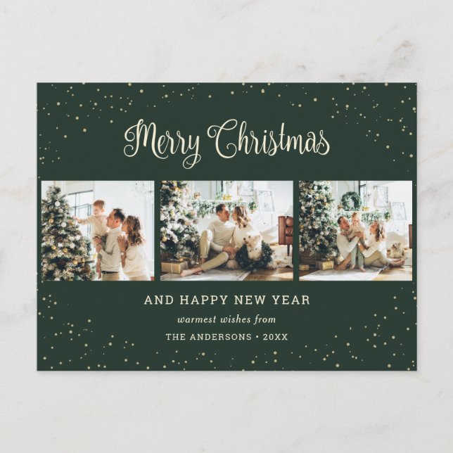 Modern Green Photo Collage Merry Christmas Holiday Postcard (Front)