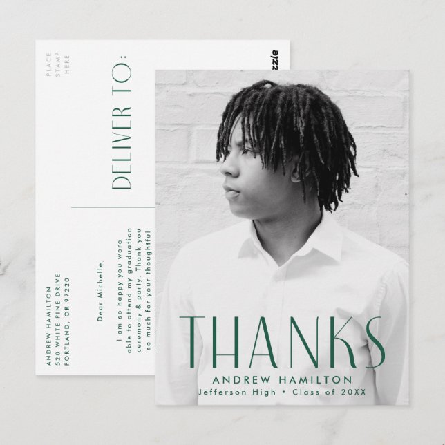 Modern Green Photo Graduation Thank You Postcard (Front/Back)