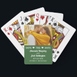Modern Green Photo Heart Save the Date Poker Cards<br><div class="desc">Share your engagement photo and save the date on a fun, functional playing card deck your guests will treasure. The rich green color block design features a photo area at the top with a charming "Save the Date" header accented by heart icons, the couple's names in elegant calligraphy script, wedding...</div>