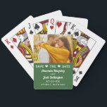 Modern Green Photo Heart Save the Date Poker Cards<br><div class="desc">Share your engagement photo and save the date on a fun, functional playing card deck your guests will treasure. The rich green color block design features a photo area at the top with a charming "Save the Date" header accented by heart icons, the couple's names in elegant calligraphy script, wedding...</div>