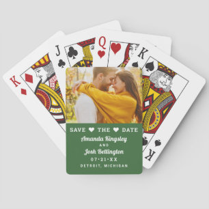 Modern Green Photo Heart Save the Date Poker Cards