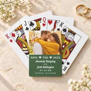 Modern Green Photo Heart Save the Date Poker Cards