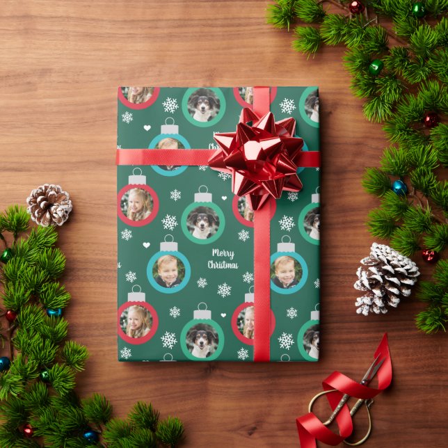 Modern Green Photo Ornaments Custom Christmas Wrapping Paper (Holiday Gift)