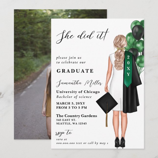 Modern Green Photo She Did It Graduation Invitation (Front/Back)