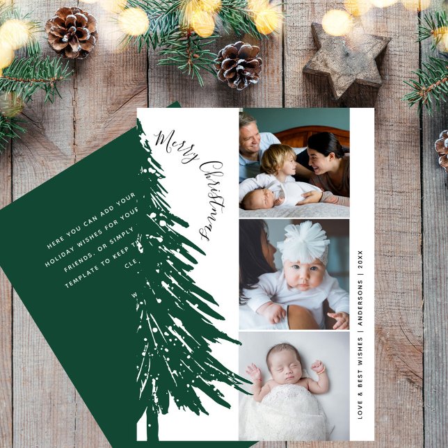 Modern Green Pine Tree Merry Christmas Photo Strip Holiday Card (Creator Uploaded)
