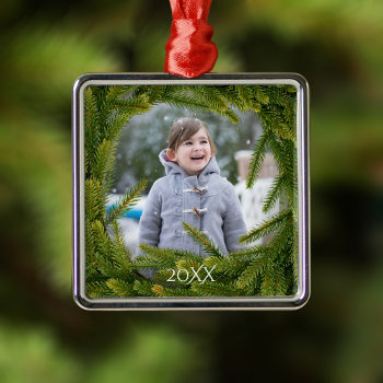 Modern Green Pine Wreath Overlay Photo Metal Ornament by mothersdaisy at Zazzle