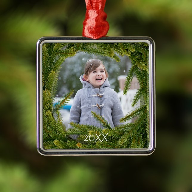Modern Green Pine Wreath Overlay Photo Metal Ornament (Just upload your photo and add a year!)
