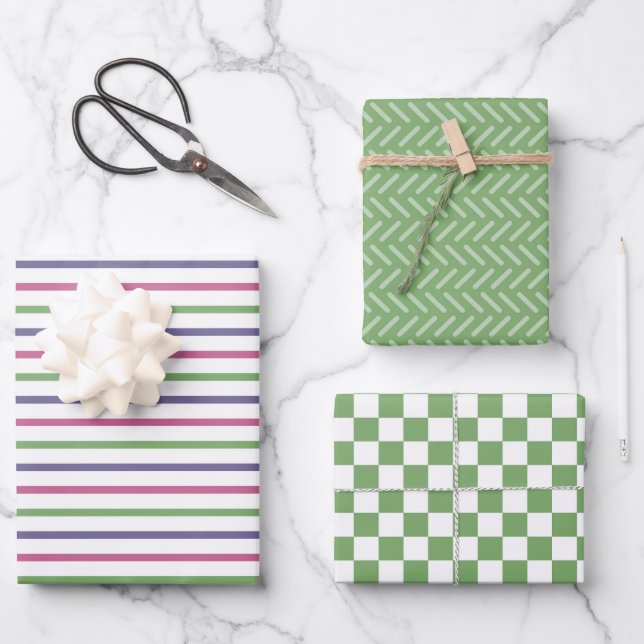 Modern Green, Pink, Blue Stripes, Green Checkered Wrapping Paper Sheets (Front)