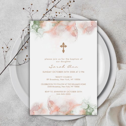 Modern Green Pink Boho Agate Gold Cross Baptism  Invitation