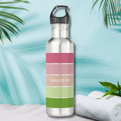 Modern Green Pink Color Block Personalized Name Stainless Steel Water Bottle