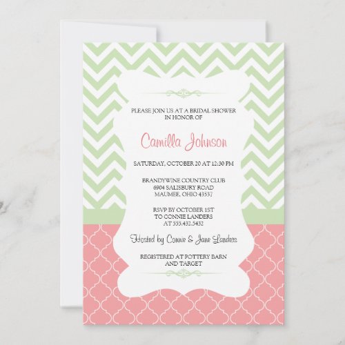 Modern Green &amp; Pink Elegant Chevron Bridal Shower Invites