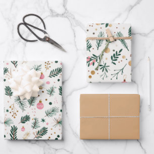Modern Green Pink Gold Christmas Tree Branches  Wrapping Paper Sheets
