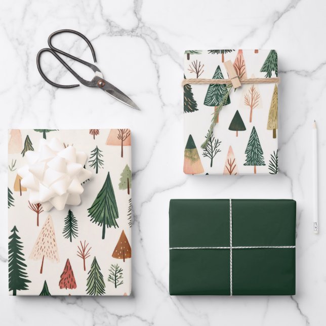 Modern Green Pink Gold Christmas Trees Wrapping Paper Sheets (Front)
