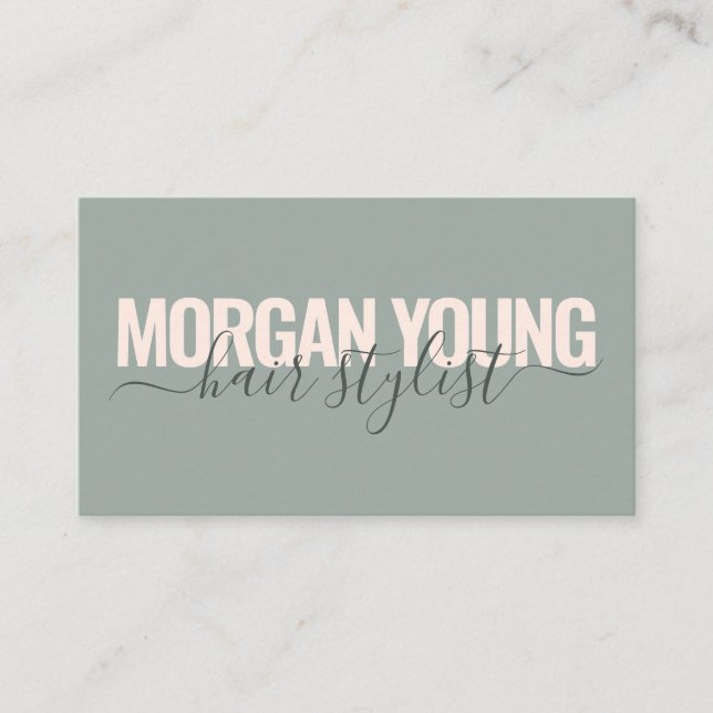 Modern green pink hair stylist script signature business card (Front)