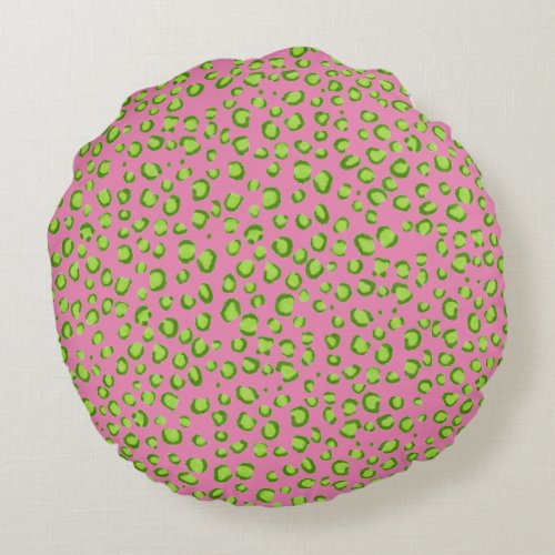 Modern Green Pink Leopard Animal Print Pattern Round Pillow