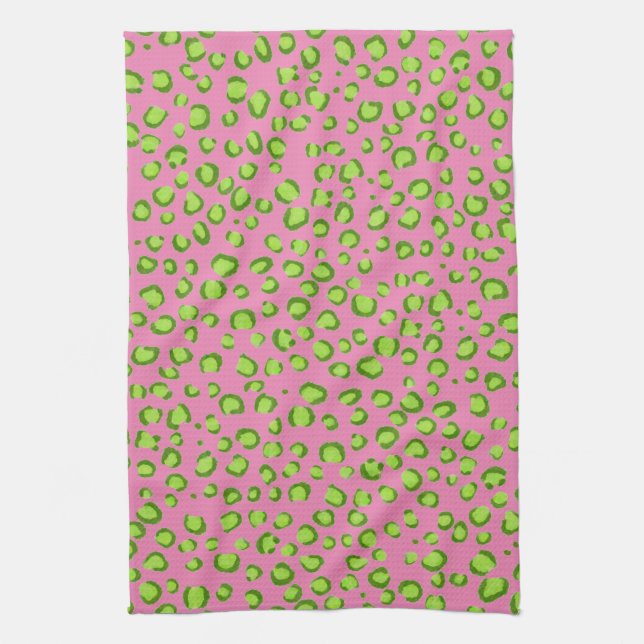 Modern Green Pink Leopard Pattern Animal Print Kitchen Towel (Vertical)