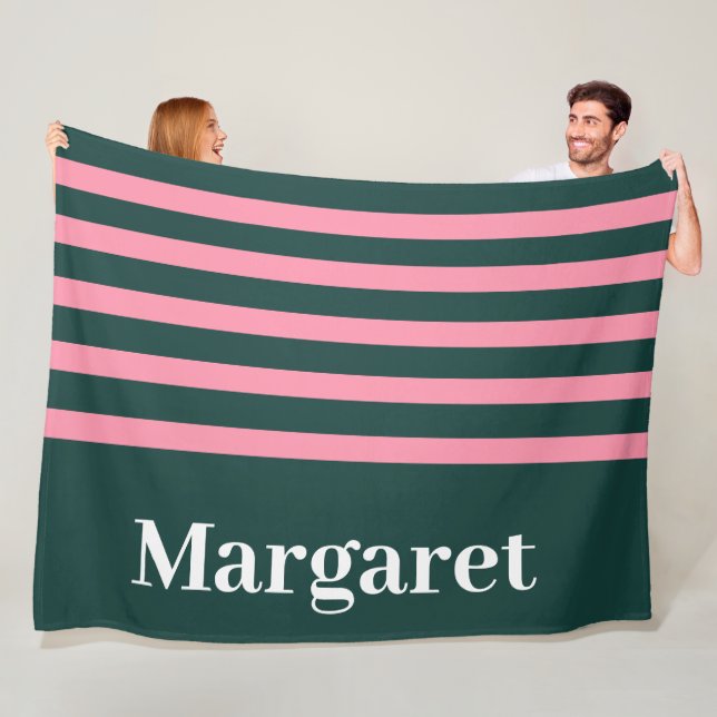 Modern green & pink  white monogram name fleece blanket (In Situ)