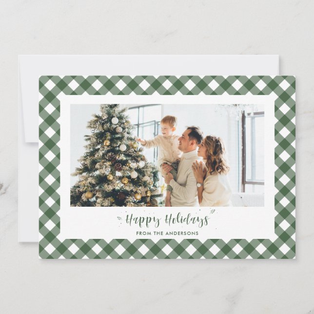 Modern Green Plaid Calligraphy Photo Holiday Card (Front)