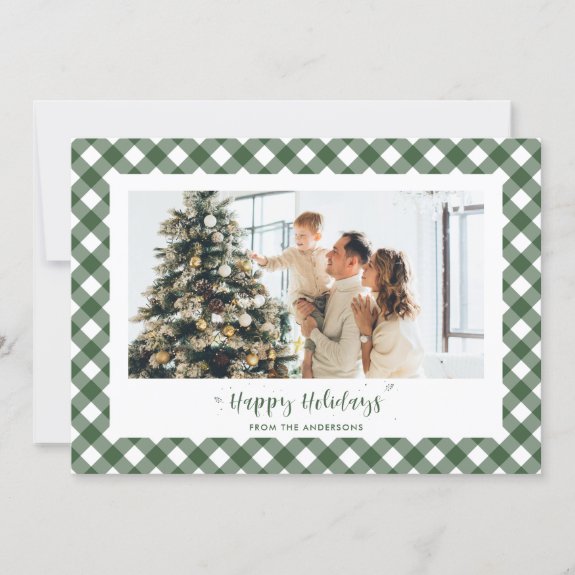 Modern Green Plaid Calligraphy Photo Christmas Card