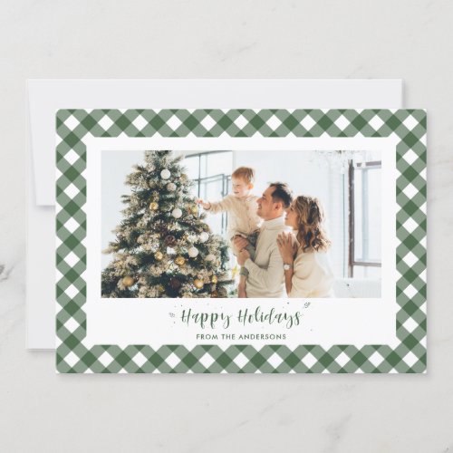 Modern Green Plaid Calligraphy Photo Holiday Card