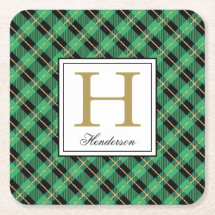 Modern Green Plaid Check Gold Accents, Monogrammed Square Paper Coaster