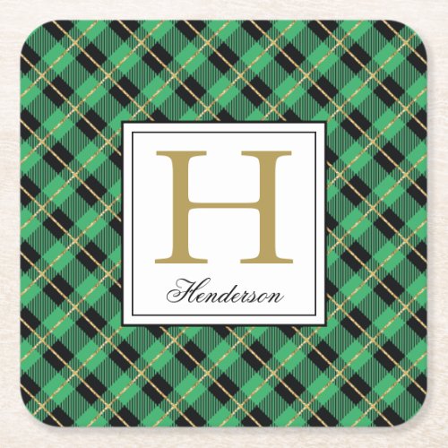 Modern Green Plaid Check Gold Accents Monogrammed Square Paper Coaster