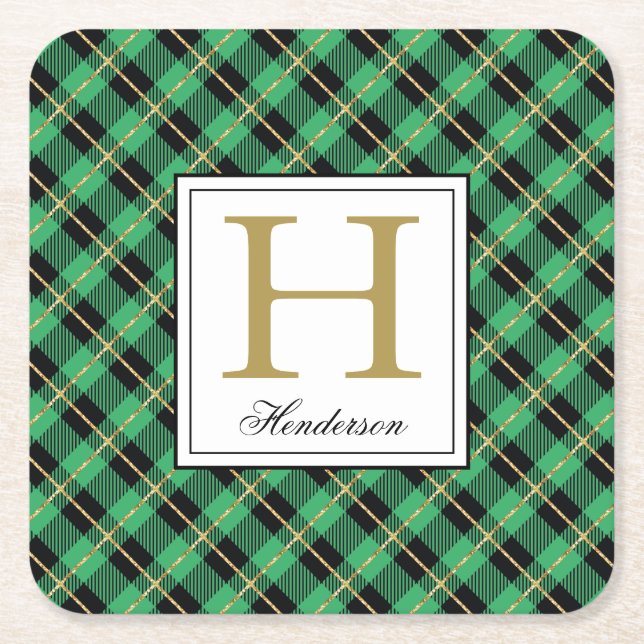Modern Green Plaid Check Gold Accents, Monogrammed Square Paper Coaster (Front)