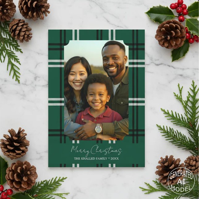 Modern Green Plaid Family Photo Holiday Greeting Card (Creator Uploaded)