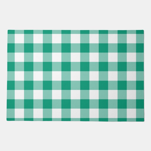 Modern Green Plaid Gingham Doormat (Front)