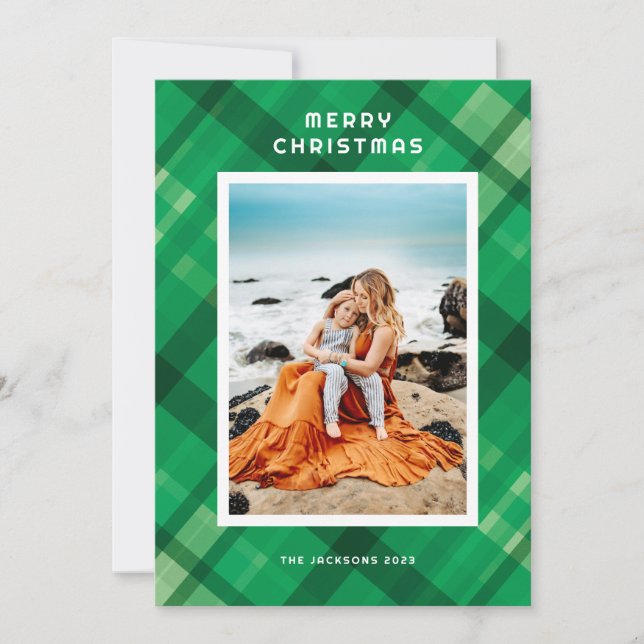 Modern Green Plaid Merry Christmas Design Holiday Card (Front)