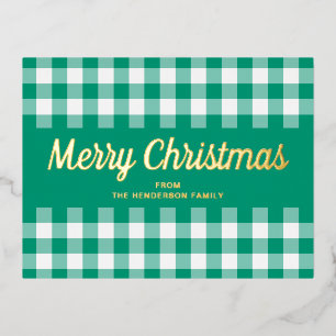 Modern Green Plaid Merry Christmas Gold Foil Holiday Postcard