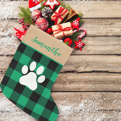 Modern Green Plaid  Name Dog Paw  Large Christmas Stocking