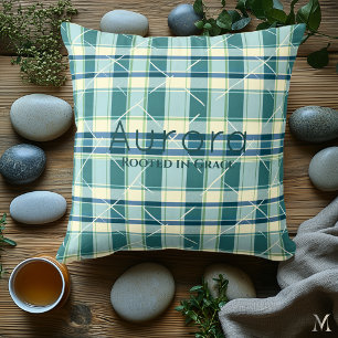 Modern Green Plaid Pattern with Geometric Line Throw Pillow