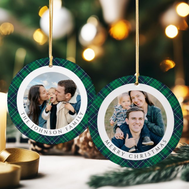 Modern Green Plaid Photo Christmas Ceramic Ornament (Modern Green Plaid Photo Christmas Ceramic Ornament)