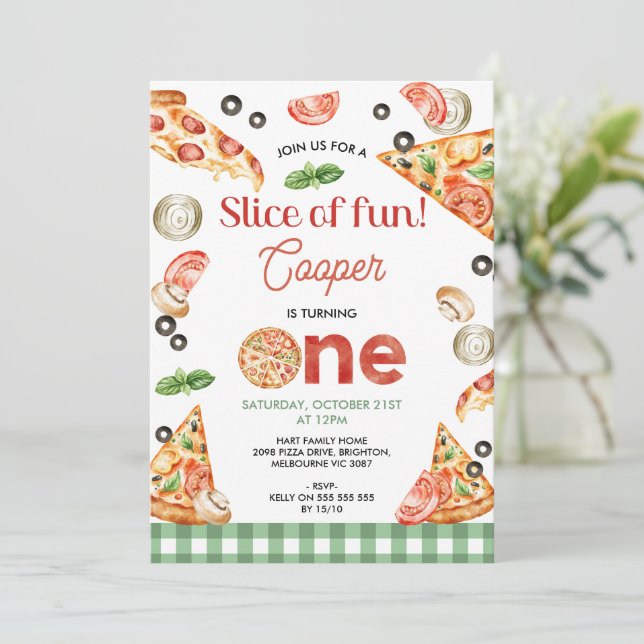 Modern Green Plaid Pizza Slice Of Fun 1st Birthday Invitation (Standing Front)