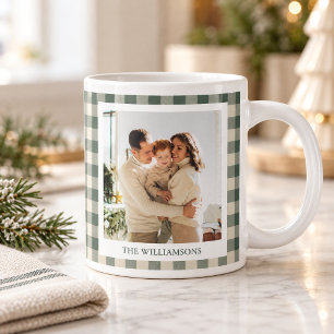 Modern Green Plaid Rustic Photo Christmas Holiday Giant Coffee Mug