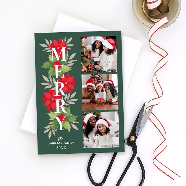 Modern Green Poinsettia Merry Photo Collage Holiday Card (Creator Uploaded)