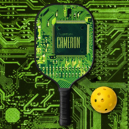 Modern Green Printed Circuit Microchip Geek Custom Pickleball Paddle