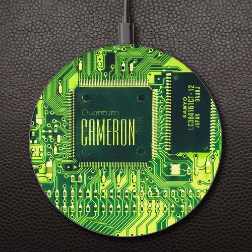 Modern Green Printed Circuit Microchip Geek Custom Wireless Charger