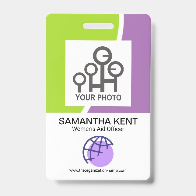 Modern Green Purple Waves Employee Photo Template Badge (Front)
