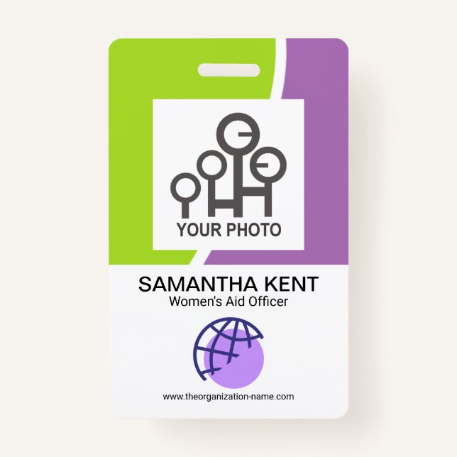 Modern Green Purple Waves Employee Photo Template Badge (Front)